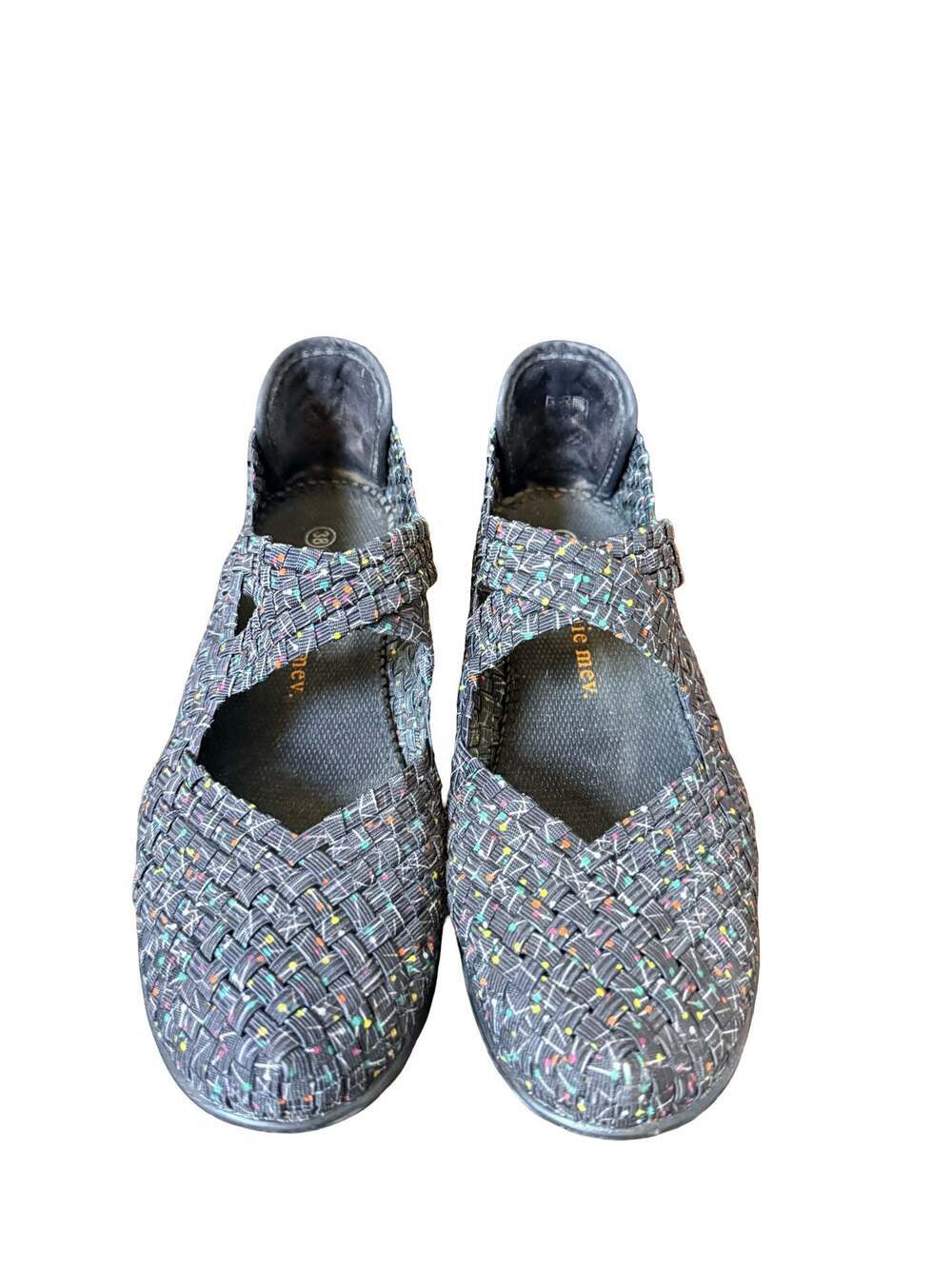 Bernie Mev Lulia Black Multicolor Woven Elastic Mary Jane Wedge Shoes Size 7 /38